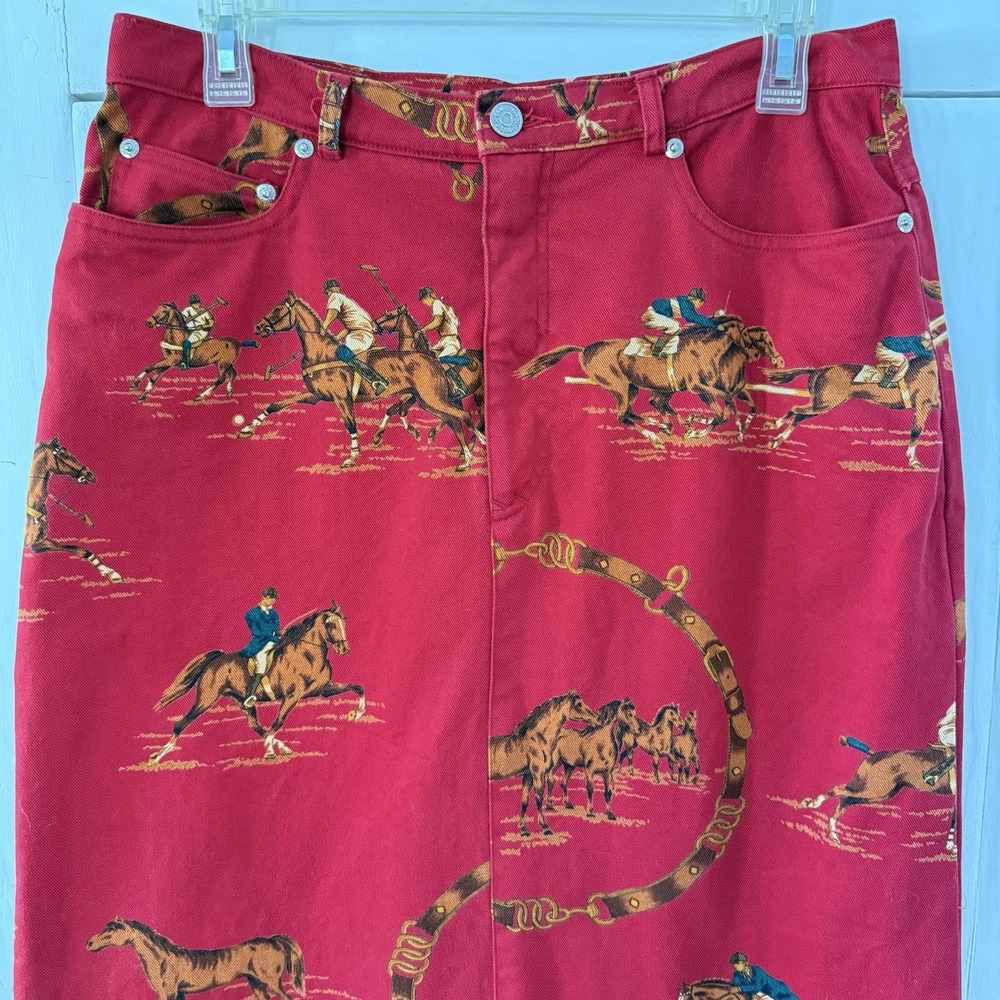 Vintage Ralph Lauren Skirt Horse Print Red Denim Long Women's Size 12 80s 90s - Picture 2 of 14